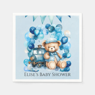 Teddy Bear Blue Train Boy Baby shower Servet