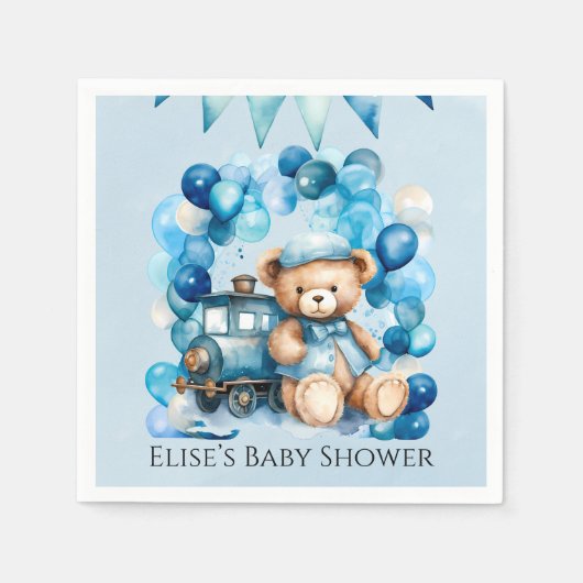 Teddy Bear Blue Train Boy Baby shower Servet (Voorkant)