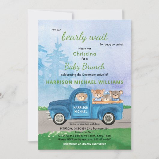 Teddy Bear Blue Truck Green Forest Boy Baby shower Kaart (Voorkant)