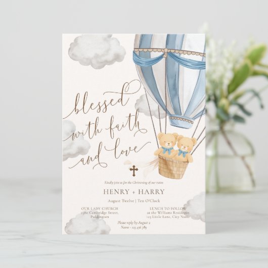 Teddy Bear Blue Tweeling Doop Uitnodiging (Staand voorkant)