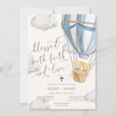 Teddy Bear Blue Twins Christening Invitation Kaart (Voorkant)