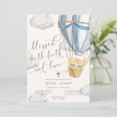 Teddy Bear Blue Twins Christening Invitation Kaart (Staand voorkant)