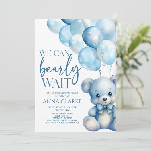 Teddy Bear Blue We kunnen bijna wachten op Baby sh Kaart (Staand voorkant)