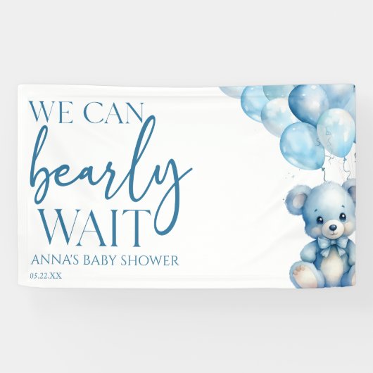 Teddy Bear Blue We kunnen bijna wachten op Baby sh Spandoek (Horizontaal)