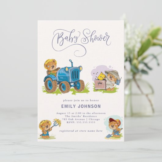 Teddy Bear Boerderij Tractor Baby shower Invitatio Kaart (Staand voorkant)