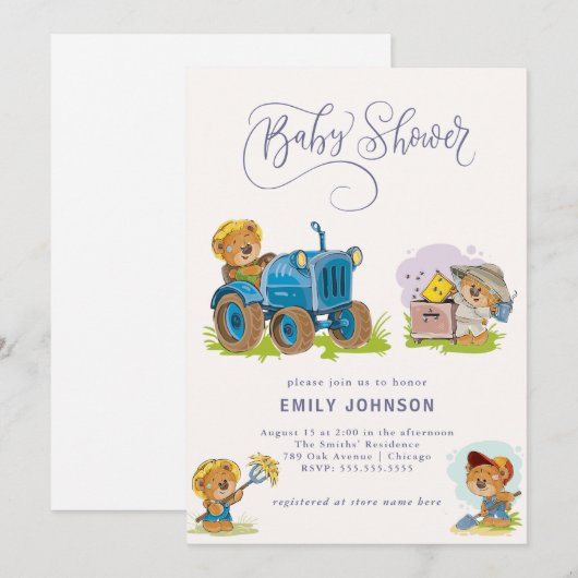 Teddy Bear Boerderij Tractor Baby shower Invitatio Kaart (Voorkant / Achterkant)