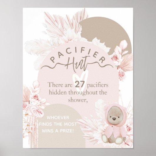 Teddy Bear Boho baby shower Pacifier Hunt game Poster (Voorkant)