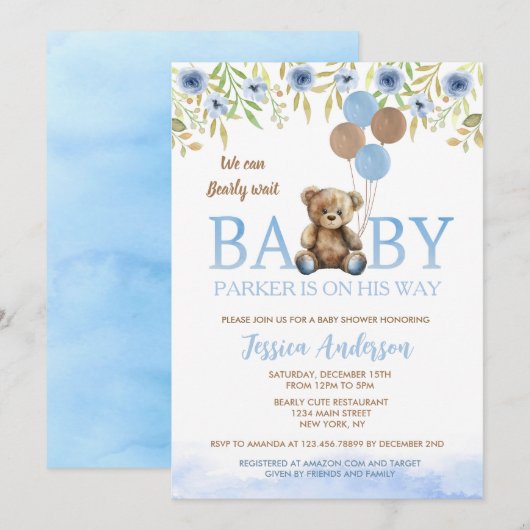 Teddy Bear Boho Blue Boy - doucheuitnodigingen Kaart (Voorkant / Achterkant)