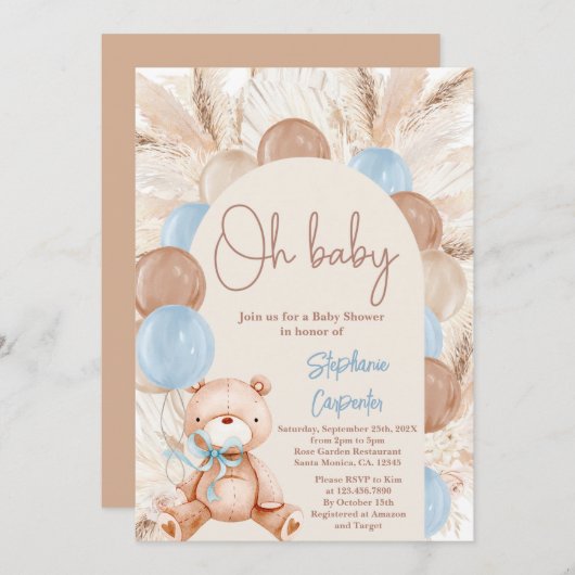 Teddy Bear Boho Pampas Baby shower Boy Kaart (Voorkant / Achterkant)