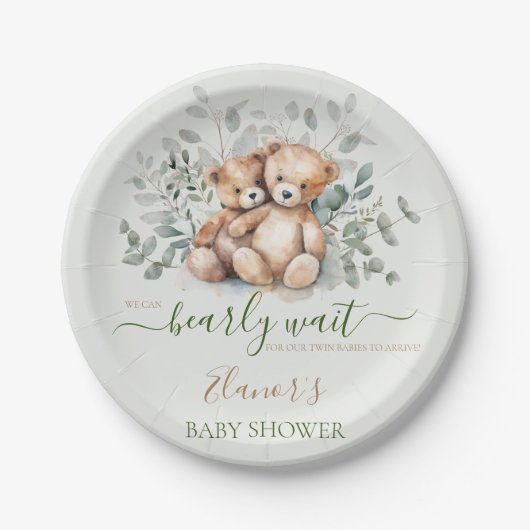 Teddy Bear Boho Twins Genderneutraal Baby shower Papieren Bordje (Voorkant)