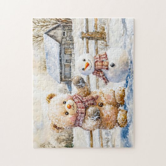Teddy Bear bouwt een sneeuwpop Legpuzzel (Verticaal)