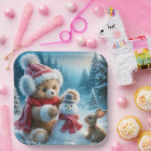 Teddy Bear bouwt een sneeuwpop Papieren Bordje (Feest)