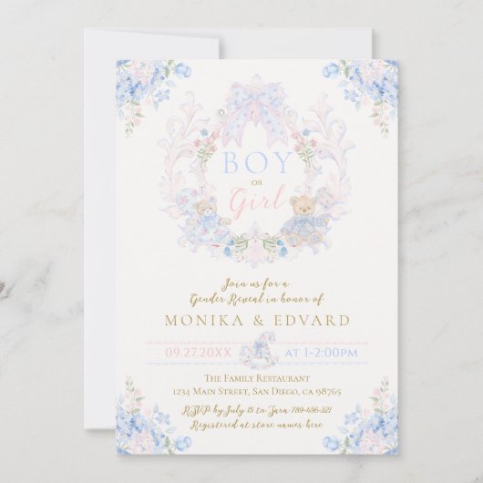 Teddy Bear Bow Bloemen Jongen of Meisje Geslacht O Kaart (Voorkant)