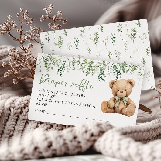 Teddy Bear Bow Greenery Baby shower Luier Raffle Informatiekaartje