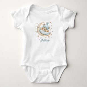 Teddy Bear Boy Baby Moon Sterren Naam Blauw Romper