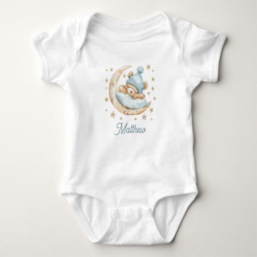 Teddy Bear Boy Baby Moon Sterren Naam Blauw Romper (Voorkant)