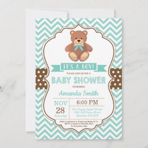 Teddy Bear Boy Baby shower Aqua Chevron Kaart