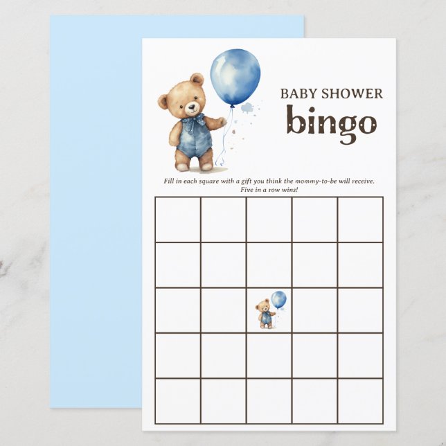 Teddy Bear Boy Baby shower Bingo Spel (Voorkant / Achterkant)