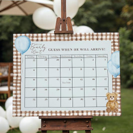 Teddy Bear Boy Baby Shower Blue Due Date Calendar Poster
