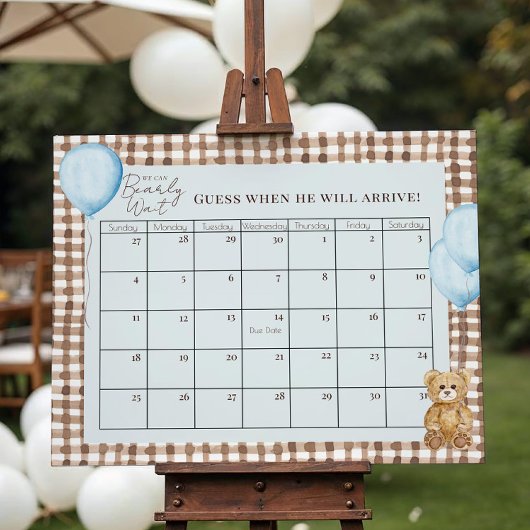 Teddy Bear Boy Baby Shower Blue Due Date Calendar Poster