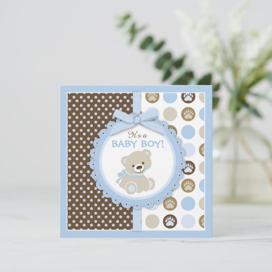 Teddy Bear Boy Baby shower Blue Kaart (Staand voorkant)