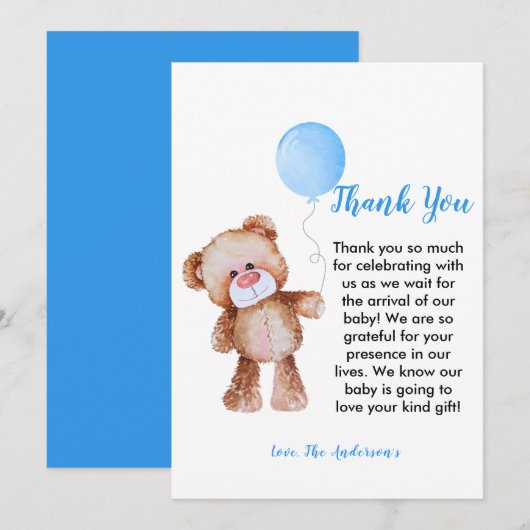 Teddy Bear Boy Baby shower Dank je wel Bedankkaart (Voorkant / Achterkant)
