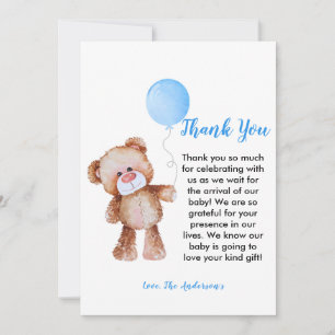 Teddy Bear Boy Baby shower Dank je wel Bedankkaart