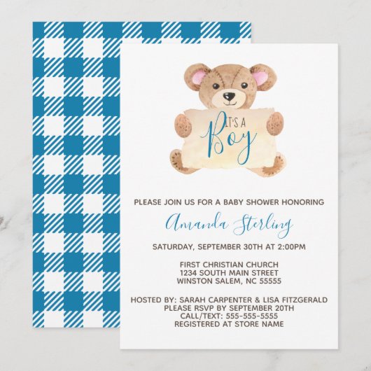 Teddy Bear Boy baby shower Kaart (Voorkant / Achterkant)