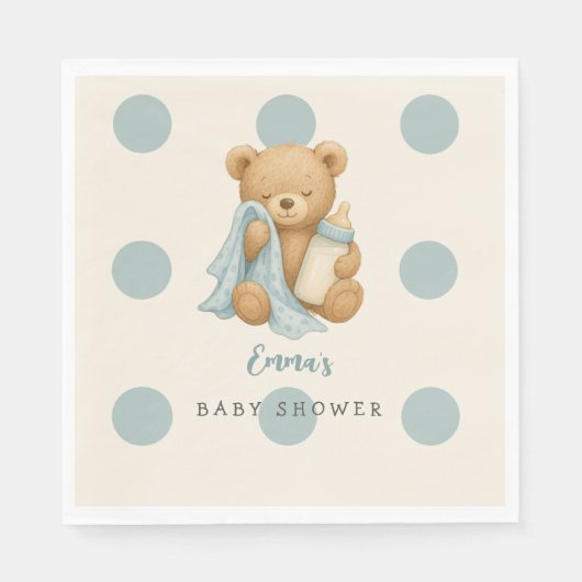 Teddy Bear Boy Baby shower Polka Dot Napkins Servet (Voorkant)
