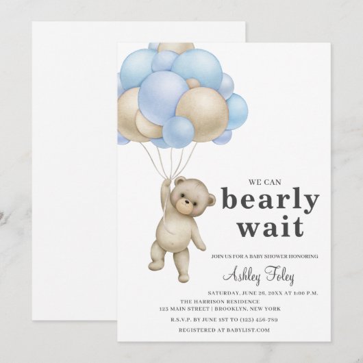 Teddy Bear Boy Baby shower Uitnodiging (Voorkant / Achterkant)