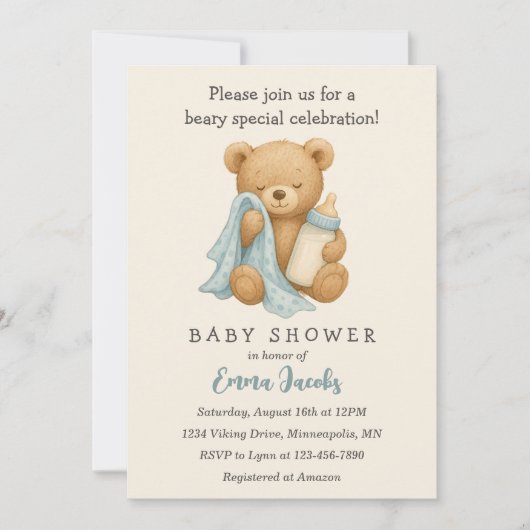 Teddy Bear Boy Baby shower Uitnodiging (Voorkant)