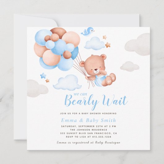 Teddy Bear Boy Baby shower Uitnodiging (Voorkant)