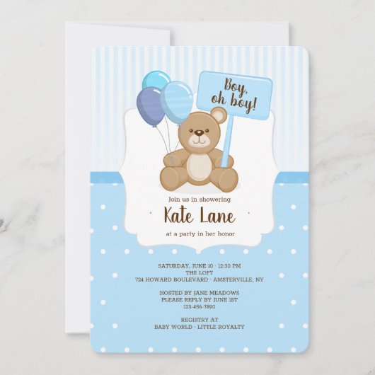 Teddy Bear Boy Baby shower Uitnodiging (Voorkant)