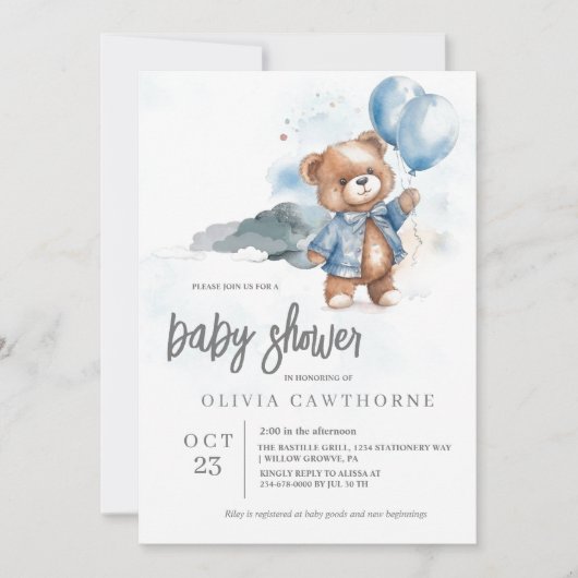 Teddy Bear Boy Baby shower Uitnodiging (Voorkant)