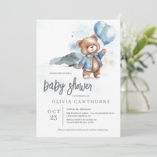 Teddy Bear Boy Baby shower Uitnodiging (Staand voorkant)