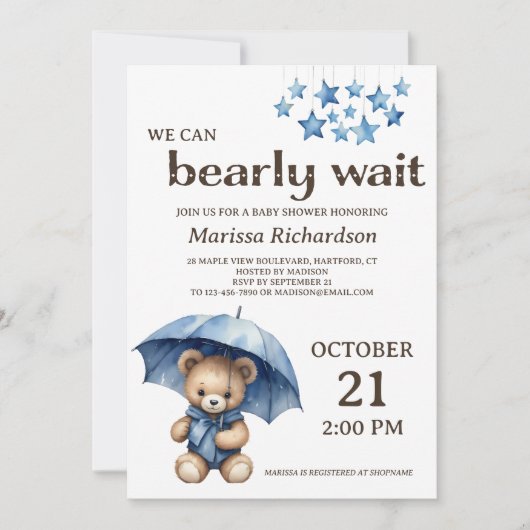 Teddy Bear Boy Baby shower Uitnodiging (Voorkant)