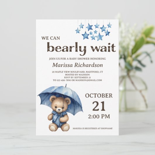Teddy Bear Boy Baby shower Uitnodiging (Staand voorkant)
