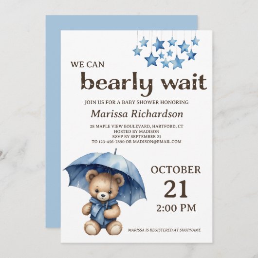 Teddy Bear Boy Baby shower Uitnodiging (Voorkant / Achterkant)