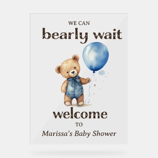 Teddy Bear Boy Baby shower Welkom Acryl Bord (Voorkant)