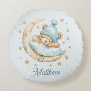 Teddy Bear Boy Babydekens Moon Stars Naam Blauw Rond Kussen
