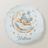 Teddy Bear Boy Babydekens Moon Stars Naam Blauw Rond Kussen (Achterkant)