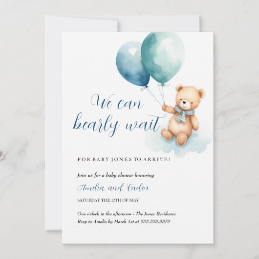 Teddy Bear Boy Barly Wait Baby shower Invitation Kaart (Voorkant)