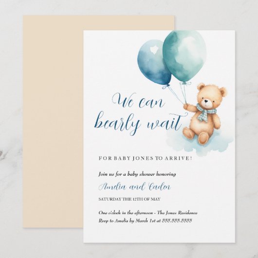 Teddy Bear Boy Barly Wait Baby shower Invitation Kaart (Voorkant / Achterkant)