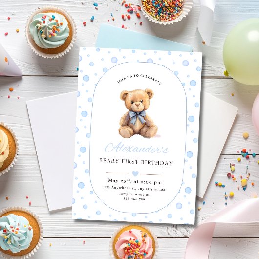 Teddy Bear Boy Birthday Invite, Beary 1st Birthday Kaart