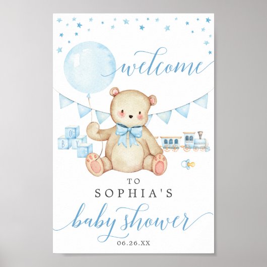 Teddy Bear Boy Blue Baby shower Welkomstteken Poster (Voorkant)