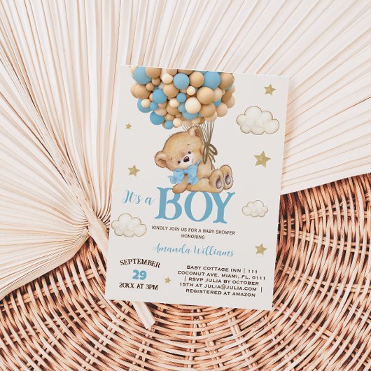 Teddy Bear Boy Blue Balloon Baby Shower Kaart