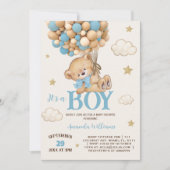 Teddy Bear Boy Blue Balloon Baby Shower Kaart (Voorkant)