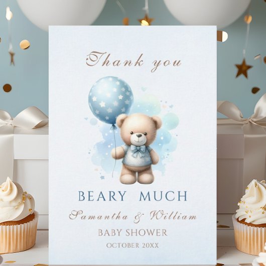 Teddy Bear Boy Blue Balloon Sweet Baby shower Bedankkaart