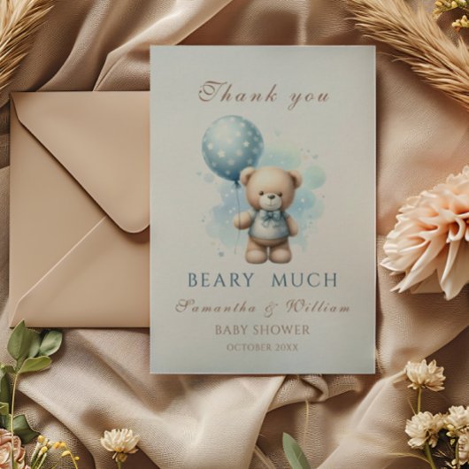 Teddy Bear Boy Blue Balloon Sweet Baby shower Bedankkaart