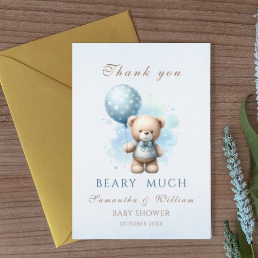 Teddy Bear Boy Blue Balloon Sweet Baby shower Bedankkaart